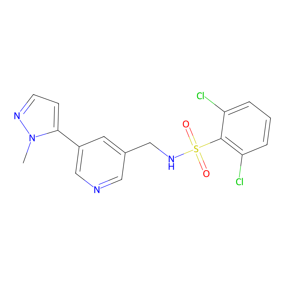 2,6-dichloro-N-((5-(1-methyl-1H-pyrazol-5-yl)pyridin-3-yl)methyl)benzenesulfonamide molecular structure, CAS 2309586-58-9