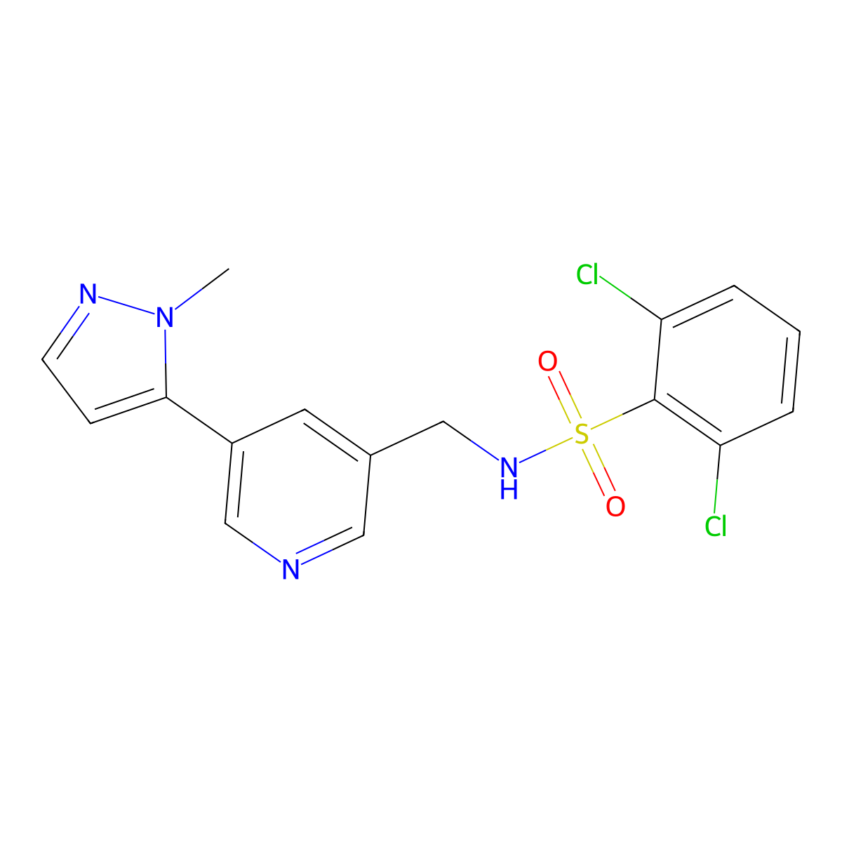 2,6-dichloro-N-((5-(1-methyl-1H-pyrazol-5-yl)pyridin-3-yl)methyl)benzenesulfonamide molecular structure, CAS 2309586-58-9