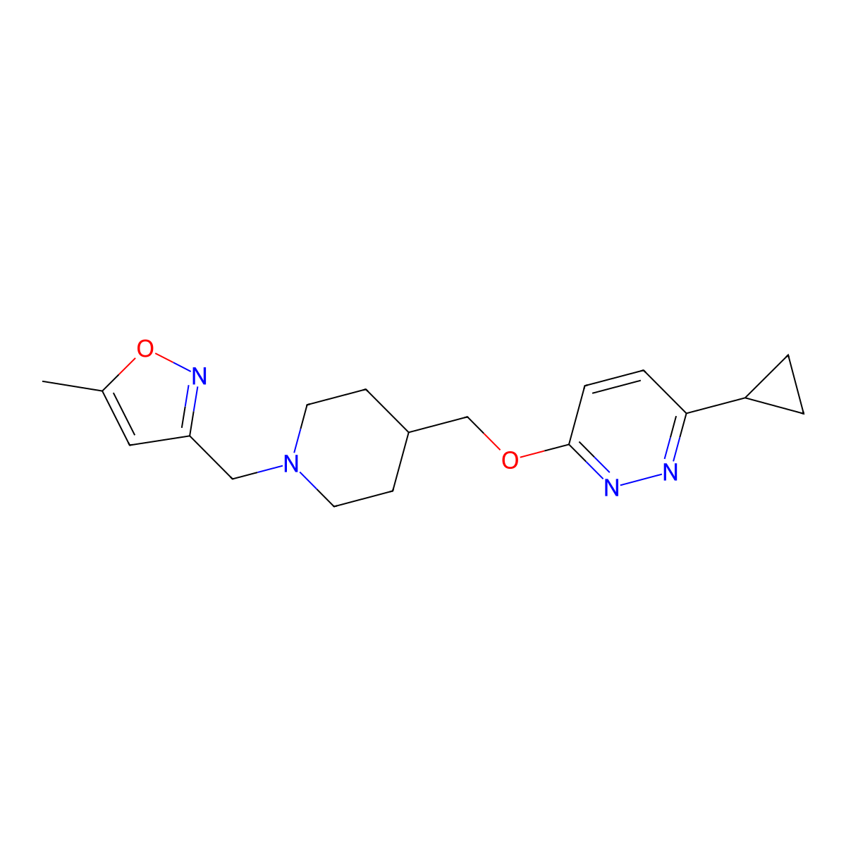 3-Cyclopropyl-6-({1-[(5-methyl-1,2-oxazol-3-yl)methyl]piperidin-4-yl}methoxy)pyridazine molecular structure, CAS 2309586-96-5