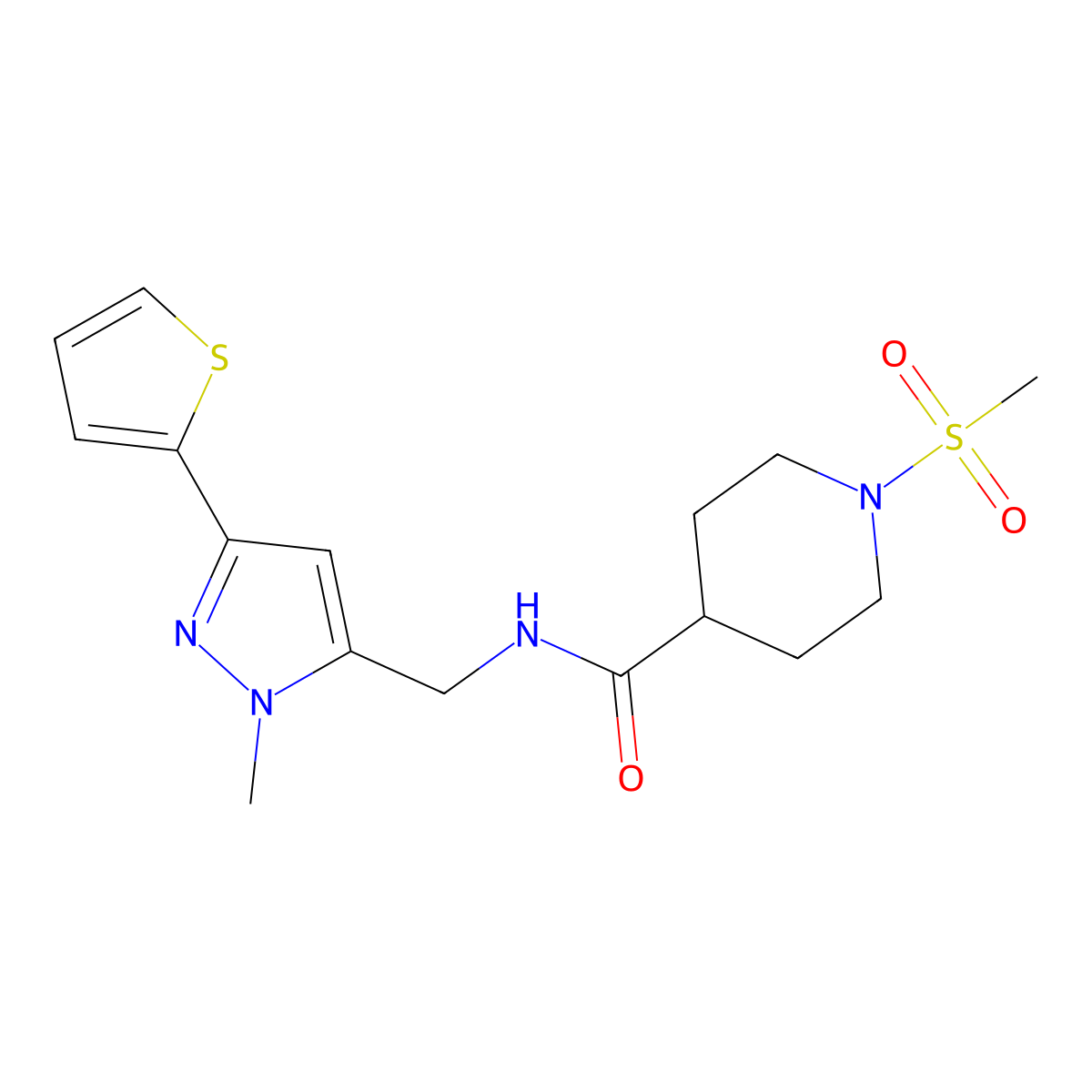 1-methanesulfonyl-N-{[1-methyl-3-(thiophen-2-yl)-1H-pyrazol-5-yl]methyl}piperidine-4-carboxamide molecular structure, CAS 2309587-02-6