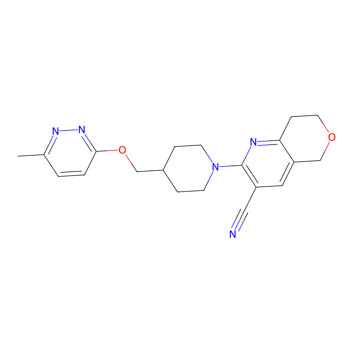 2-(4-{[(6-methylpyridazin-3-yl)oxy]methyl}piperidin-1-yl)-5H,7H,8H-pyrano[4,3-b]pyridine-3-carbonitrile molecular structure, CAS 2309587-15-1