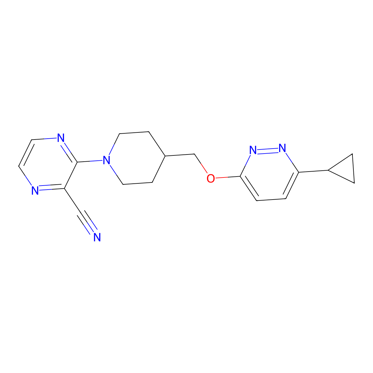 3-(4-{[(6-Cyclopropylpyridazin-3-yl)oxy]methyl}piperidin-1-yl)pyrazine-2-carbonitrile molecular structure, CAS 2309587-37-7