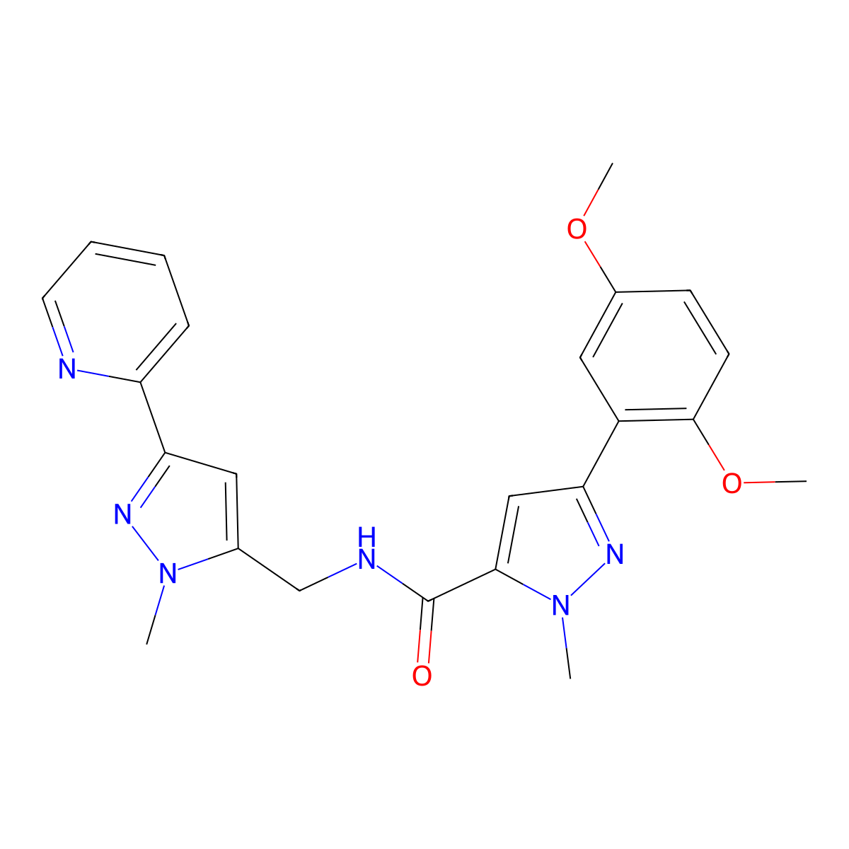 3-(2,5-dimethoxyphenyl)-1-methyl-N-{[1-methyl-3-(pyridin-2-yl)-1H-pyrazol-5-yl]methyl}-1H-pyrazole-5-carboxamide molecular structure, CAS 2309587-75-3