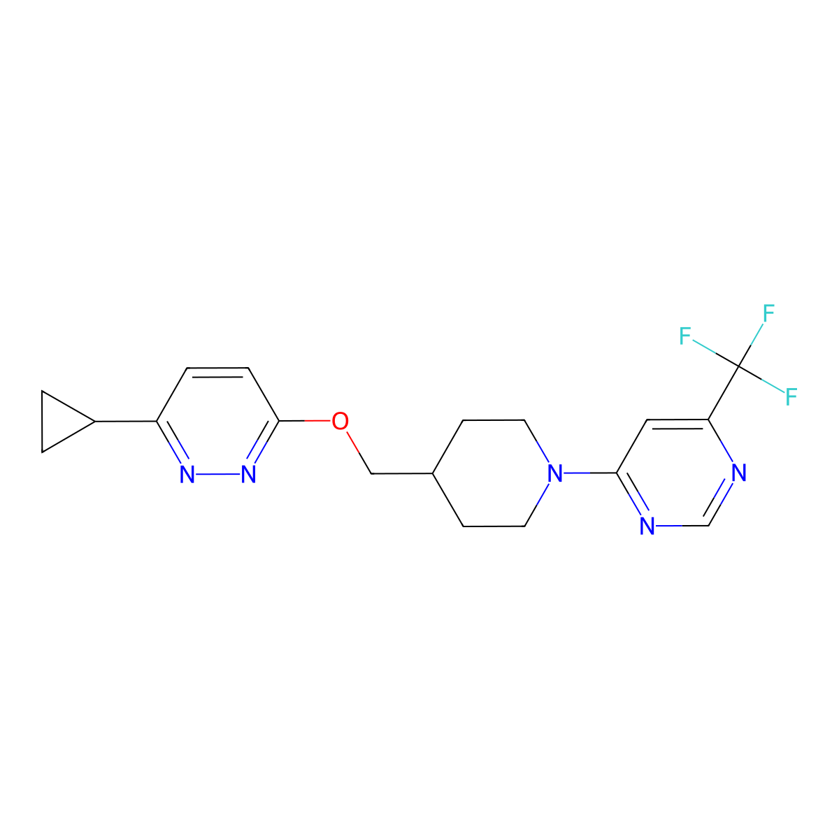 4-(4-{[(6-Cyclopropylpyridazin-3-yl)oxy]methyl}piperidin-1-yl)-6-(trifluoromethyl)pyrimidine molecular structure, CAS 2309587-96-8