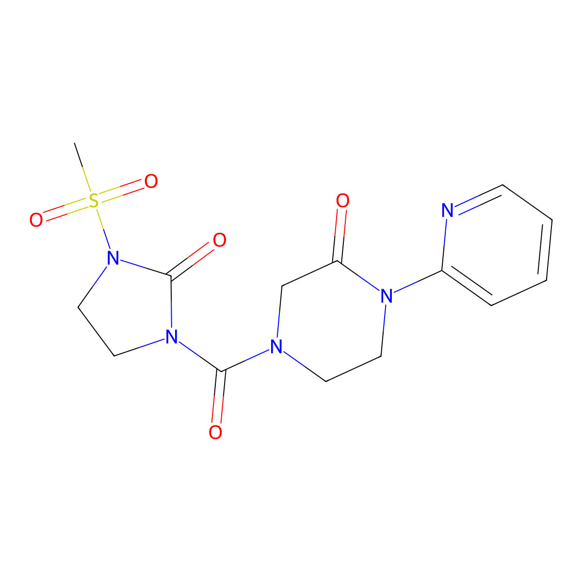 4-(3-(Methylsulfonyl)-2-oxoimidazolidine-1-carbonyl)-1-(pyridin-2-yl)piperazin-2-one molecular structure, CAS 2309588-00-7