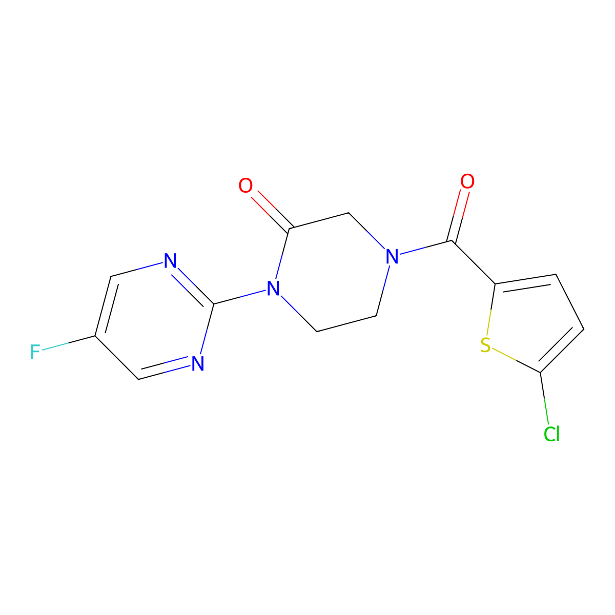 4-(5-Chlorothiophene-2-carbonyl)-1-(5-fluoropyrimidin-2-yl)piperazin-2-one molecular structure, CAS 2309588-01-8