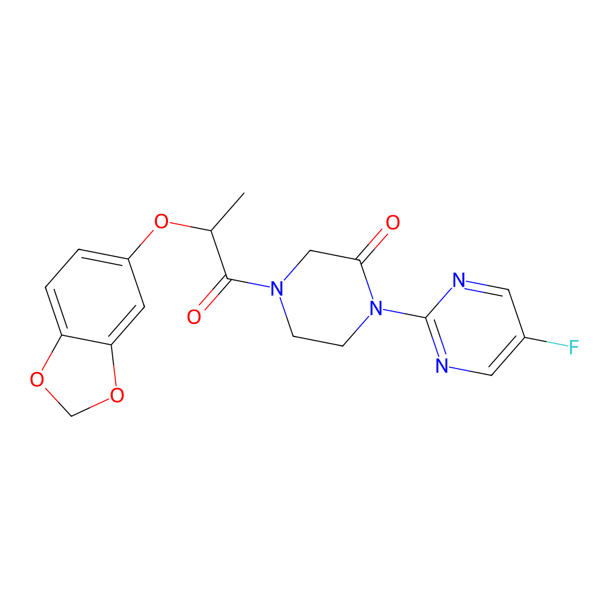 4-[2-(2H-1,3-benzodioxol-5-yloxy)propanoyl]-1-(5-fluoropyrimidin-2-yl)piperazin-2-one molecular structure, CAS 2309588-15-4