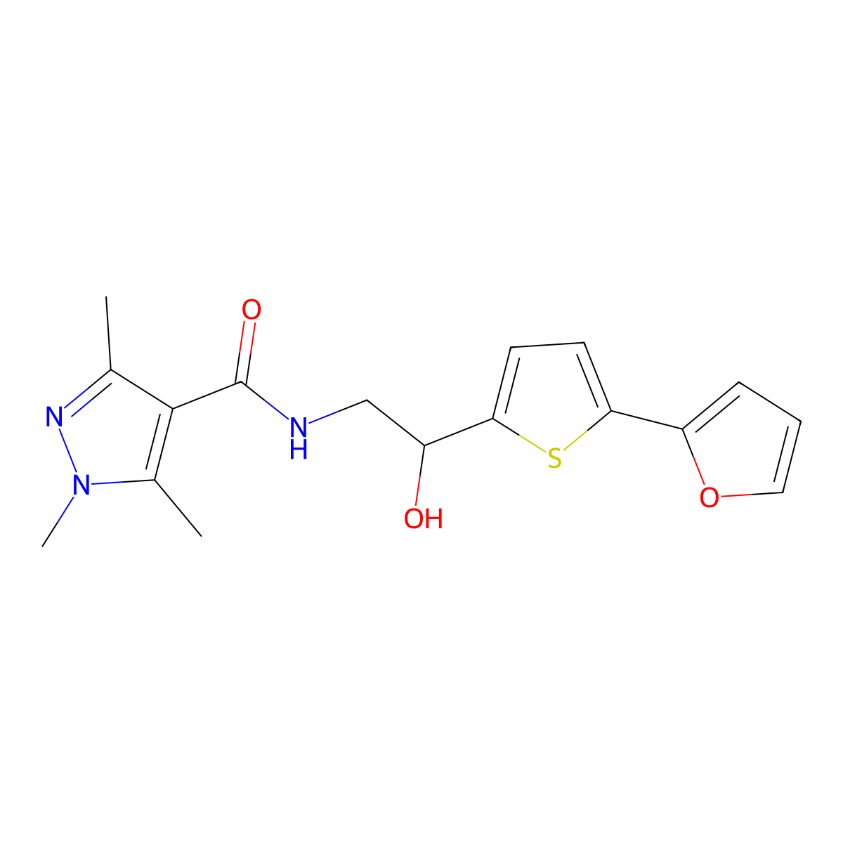 N-{2-[5-(furan-2-yl)thiophen-2-yl]-2-hydroxyethyl}-1,3,5-trimethyl-1H-pyrazole-4-carboxamide molecular structure, CAS 2309588-30-3