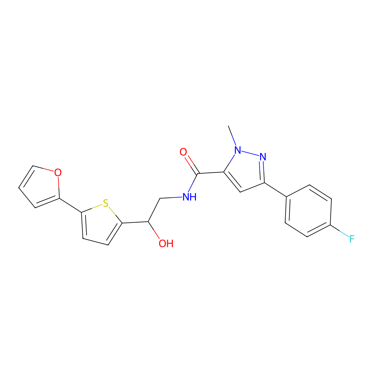 3-(4-fluorophenyl)-N-{2-[5-(furan-2-yl)thiophen-2-yl]-2-hydroxyethyl}-1-methyl-1H-pyrazole-5-carboxamide molecular structure, CAS 2309588-46-1
