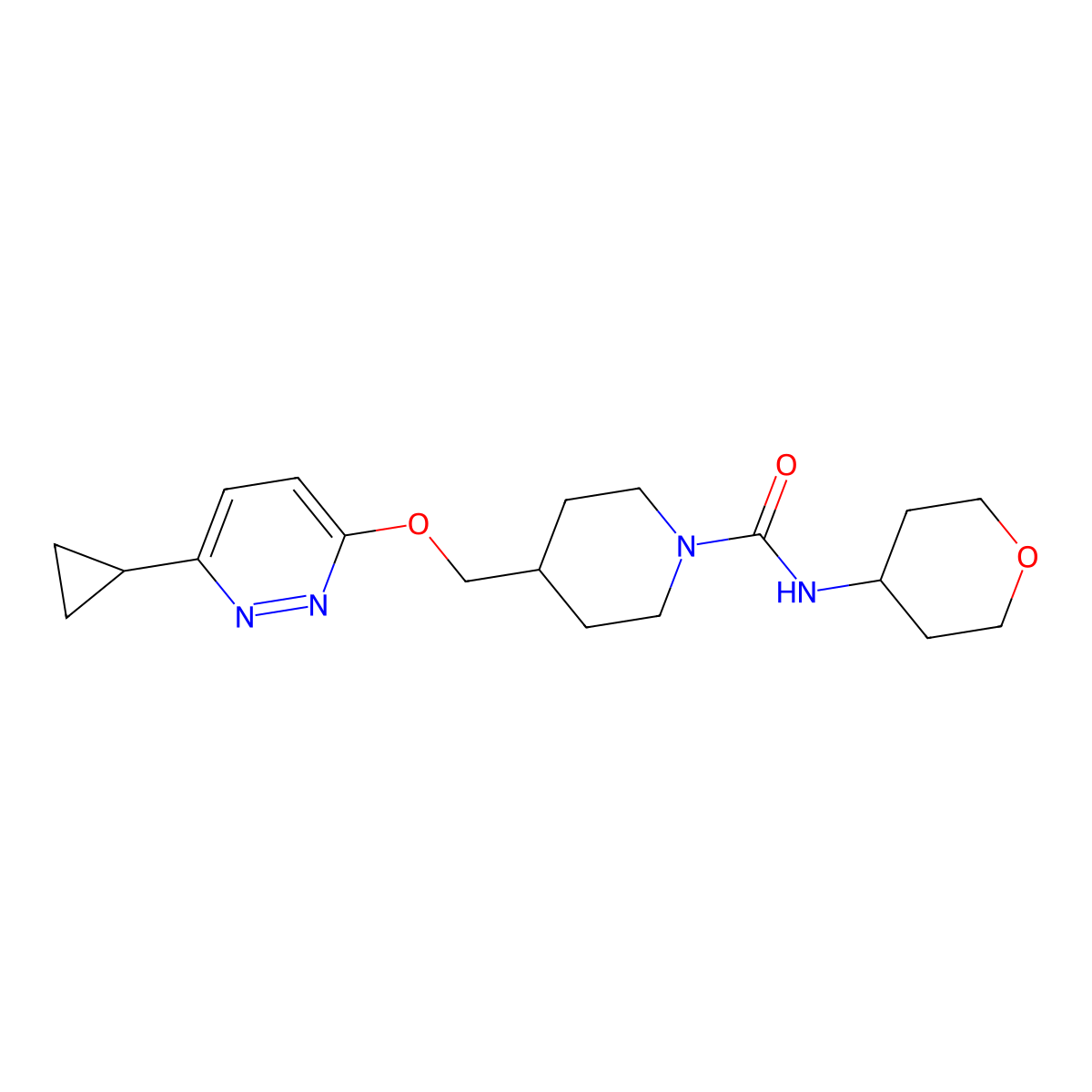 4-{[(6-cyclopropylpyridazin-3-yl)oxy]methyl}-N-(oxan-4-yl)piperidine-1-carboxamide molecular structure, CAS 2309588-54-1