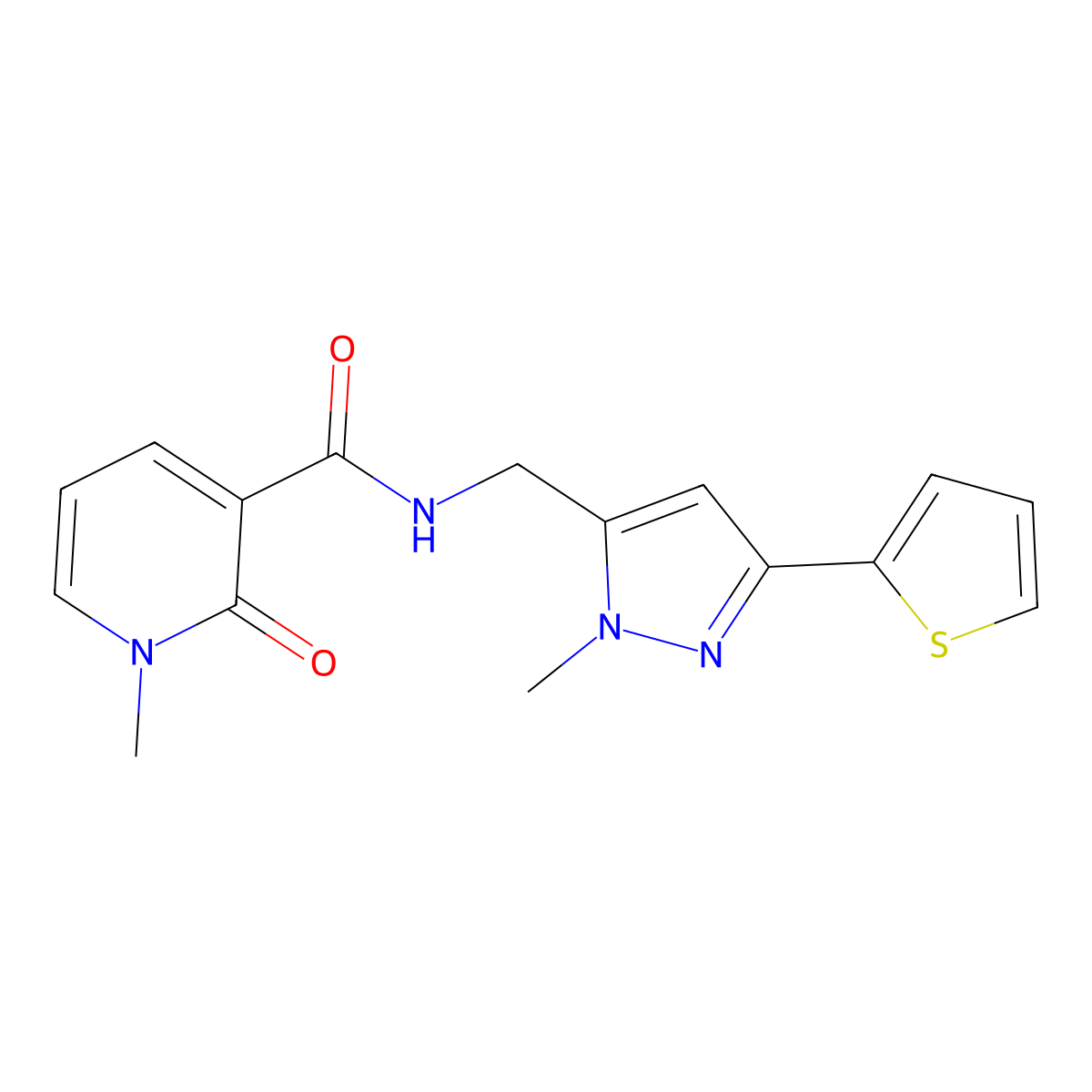1-methyl-N-{[1-methyl-3-(thiophen-2-yl)-1H-pyrazol-5-yl]methyl}-2-oxo-1,2-dihydropyridine-3-carboxamide molecular structure, CAS 2309588-58-5