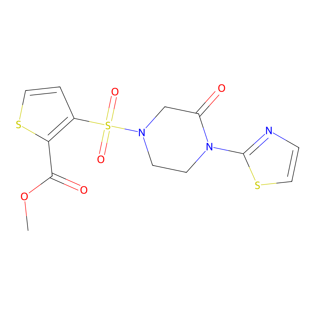 Methyl 3-((3-oxo-4-(thiazol-2-yl)piperazin-1-yl)sulfonyl)thiophene-2-carboxylate molecular structure, CAS 2309588-64-3