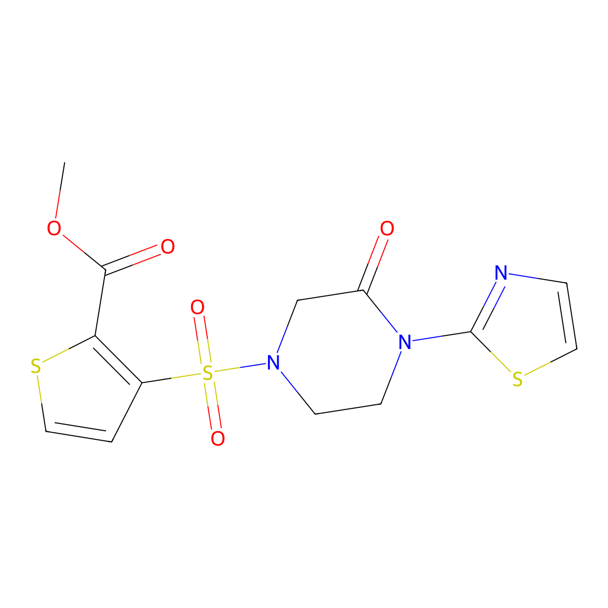 Methyl 3-((3-oxo-4-(thiazol-2-yl)piperazin-1-yl)sulfonyl)thiophene-2-carboxylate molecular structure, CAS 2309588-64-3