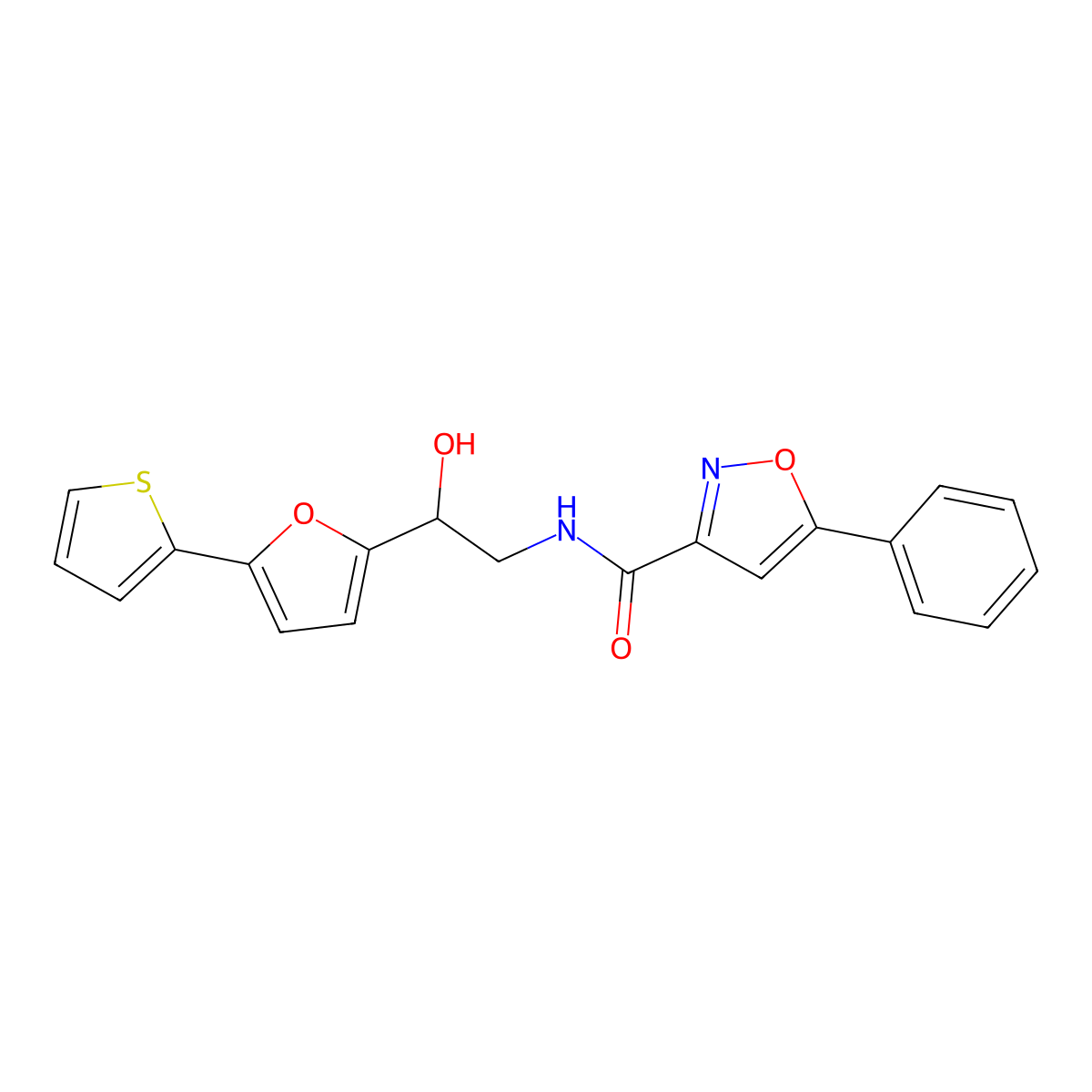N-[2-Hydroxy-2-(5-thiophen-2-ylfuran-2-yl)ethyl]-5-phenyl-1,2-oxazole-3-carboxamide molecular structure, CAS 2309588-69-8