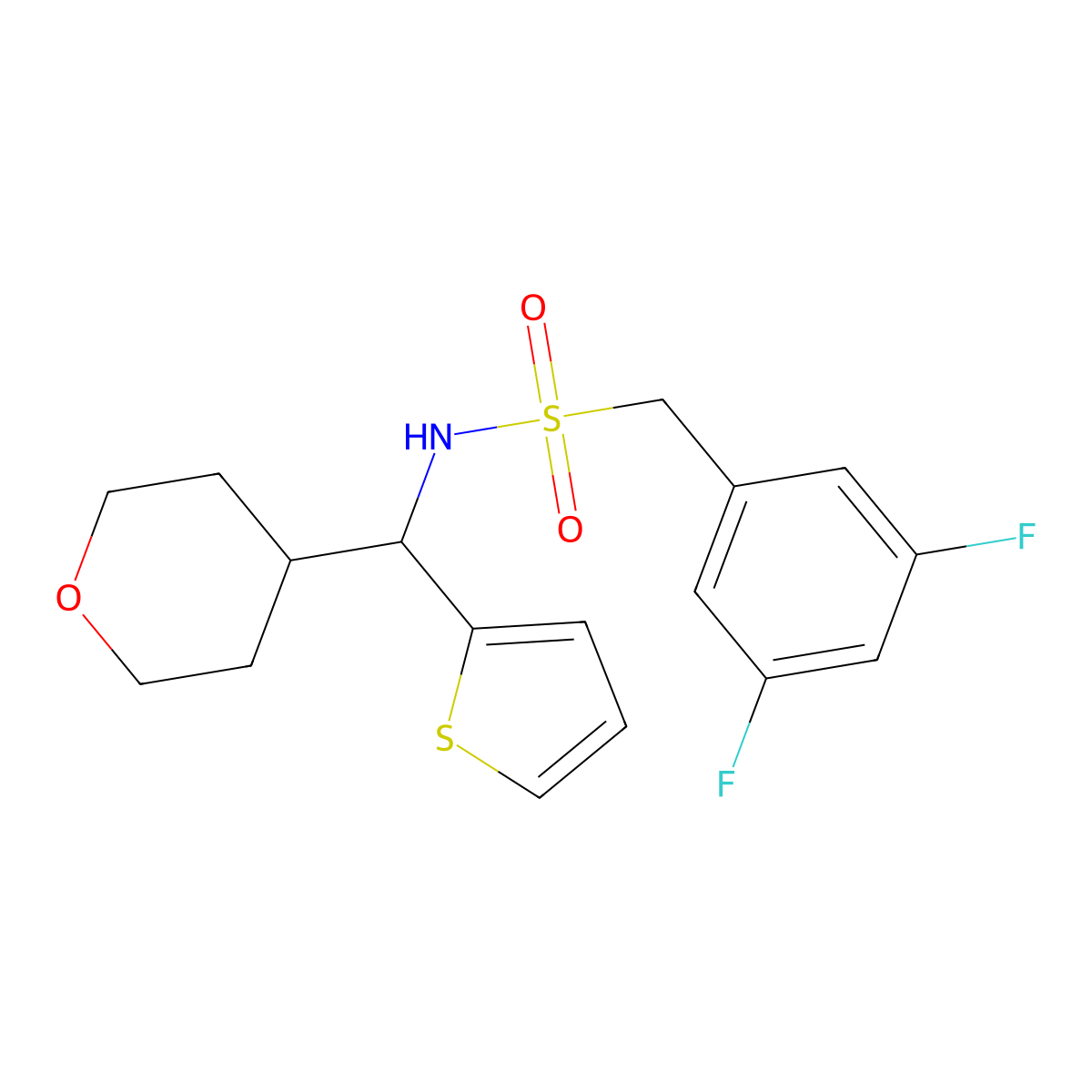 1-(3,5-difluorophenyl)-N-[(oxan-4-yl)(thiophen-2-yl)methyl]methanesulfonamide molecular structure, CAS 2309588-78-9