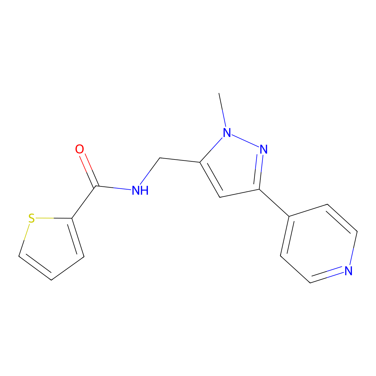N-{[1-methyl-3-(pyridin-4-yl)-1H-pyrazol-5-yl]methyl}thiophene-2-carboxamide molecular structure, CAS 2309588-84-7