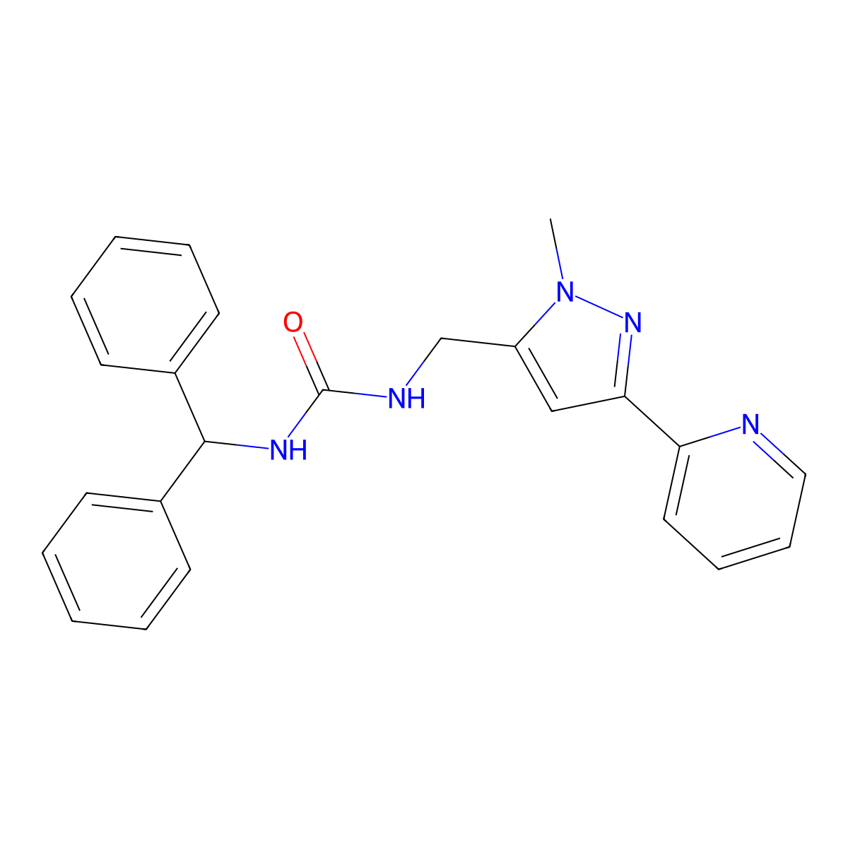 1-(diphenylmethyl)-3-{[1-methyl-3-(pyridin-2-yl)-1H-pyrazol-5-yl]methyl}urea molecular structure, CAS 2309588-95-0