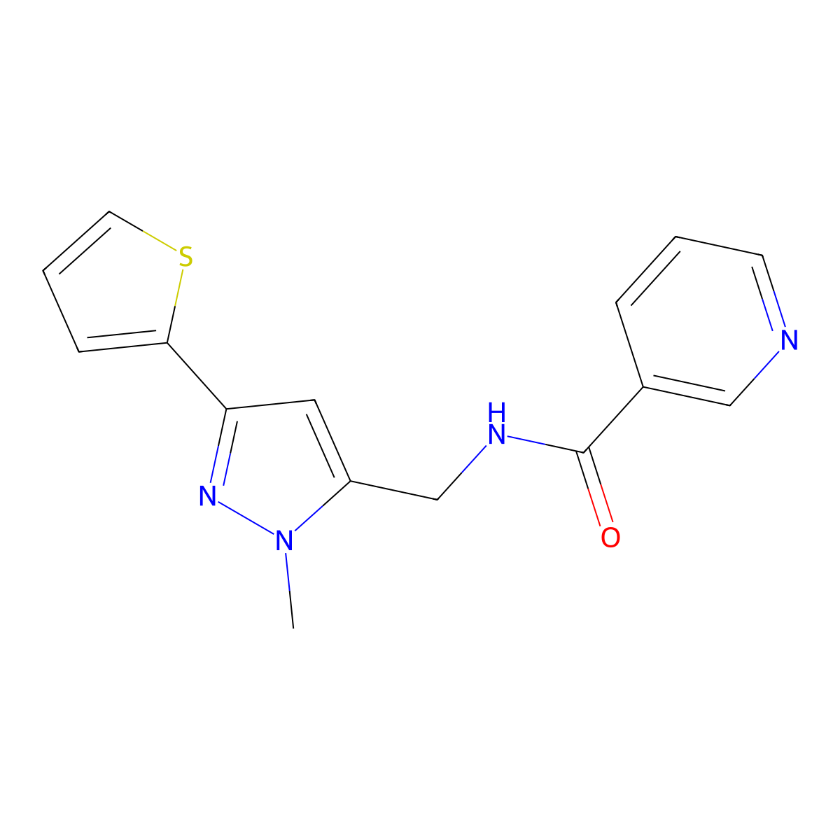 N-{[1-methyl-3-(thiophen-2-yl)-1H-pyrazol-5-yl]methyl}pyridine-3-carboxamide molecular structure, CAS 2309589-07-7