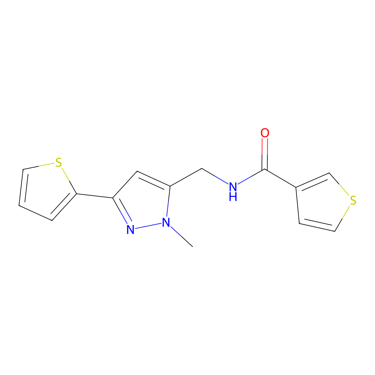 N-{[1-methyl-3-(thiophen-2-yl)-1H-pyrazol-5-yl]methyl}thiophene-3-carboxamide molecular structure, CAS 2309589-45-3