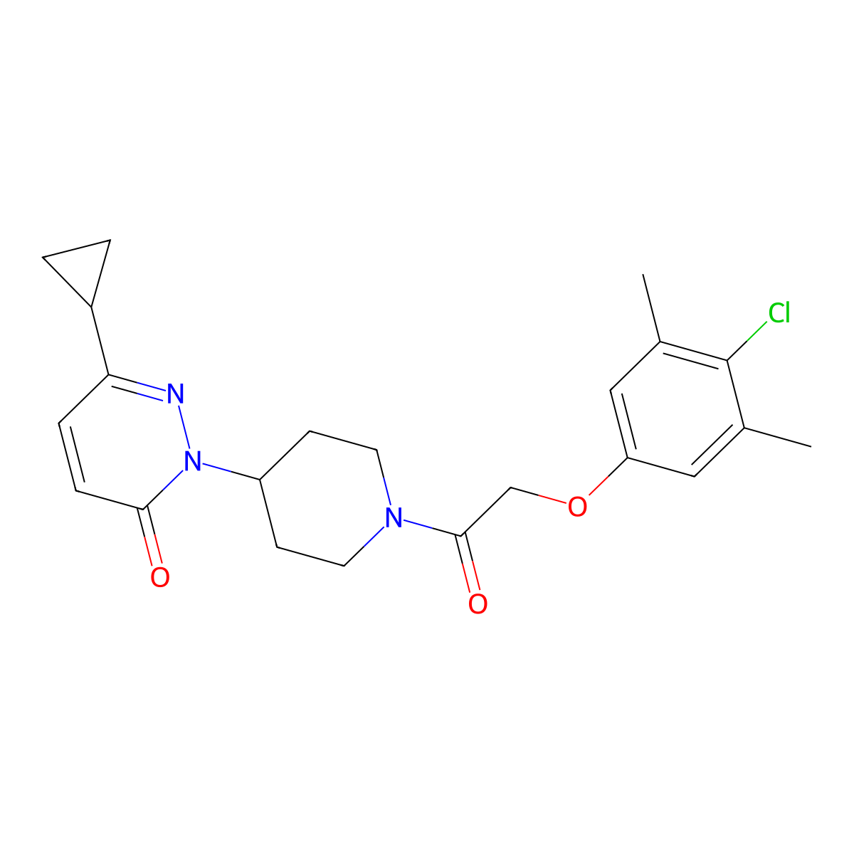 2-{1-[2-(4-Chloro-3,5-dimethylphenoxy)acetyl]piperidin-4-yl}-6-cyclopropyl-2,3-dihydropyridazin-3-one molecular structure, CAS 2309589-59-9