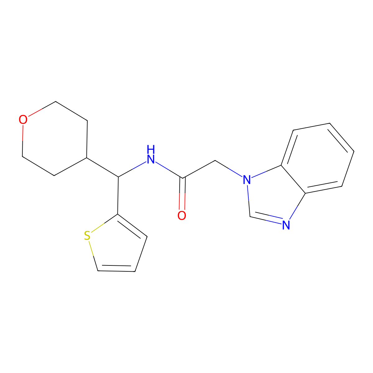 2-(1H-1,3-benzodiazol-1-yl)-N-[(oxan-4-yl)(thiophen-2-yl)methyl]acetamide molecular structure, CAS 2309589-66-8