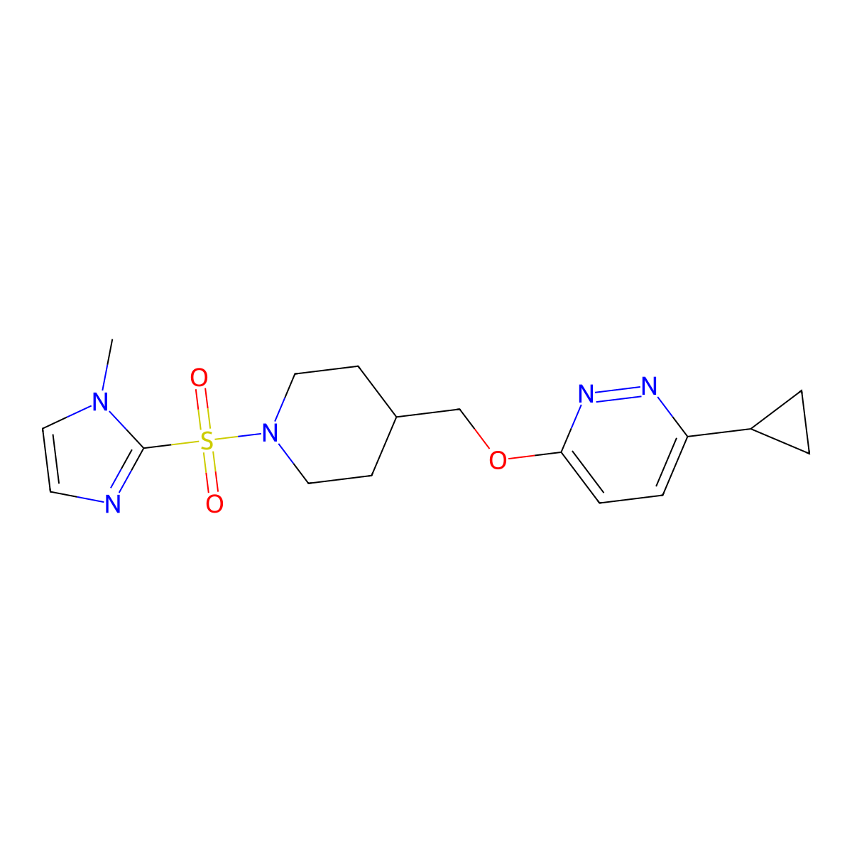 3-Cyclopropyl-6-[[1-(1-methylimidazol-2-yl)sulfonylpiperidin-4-yl]methoxy]pyridazine molecular structure, CAS 2309589-67-9