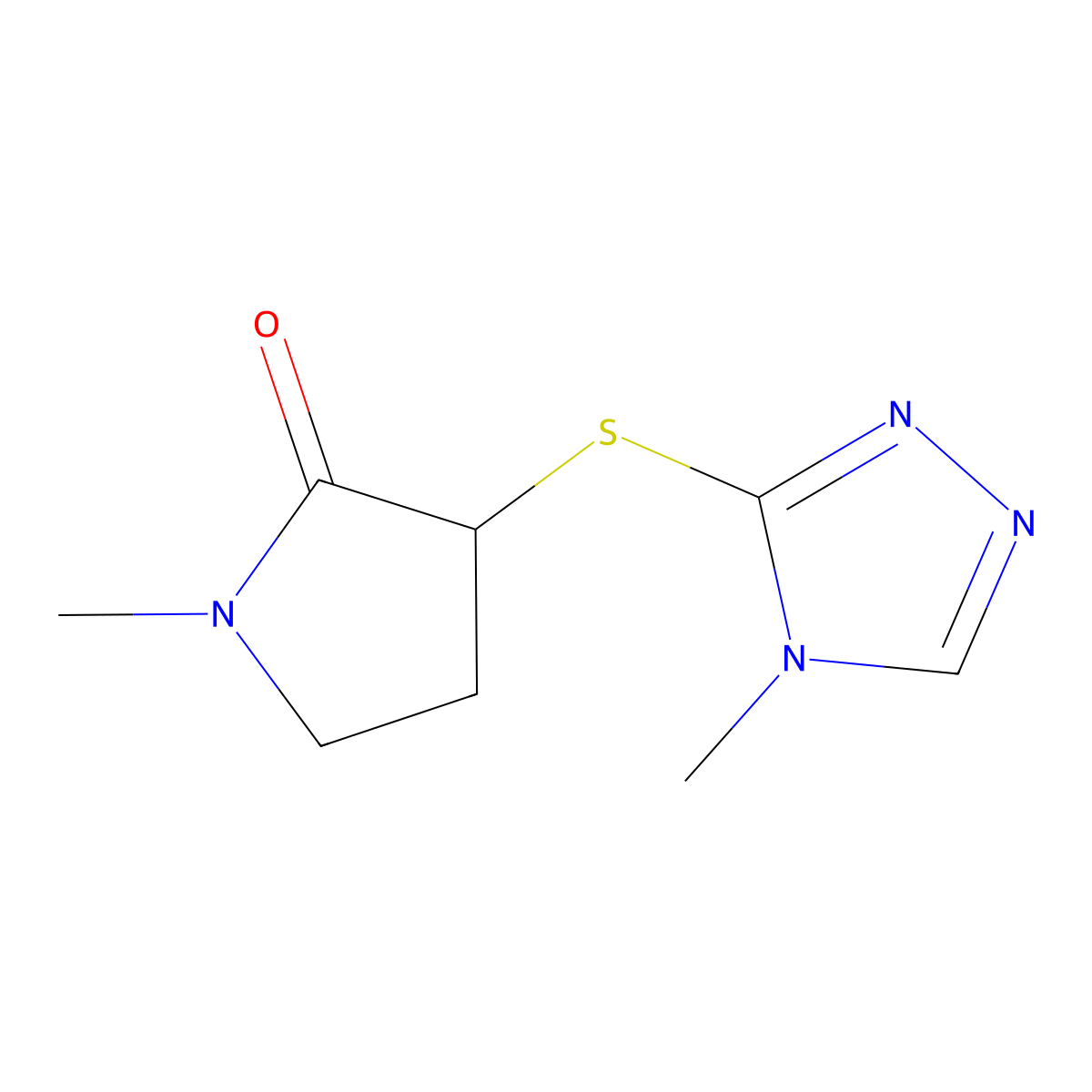 1-methyl-3-((4-methyl-4H-1,2,4-triazol-3-yl)thio)pyrrolidin-2-one molecular structure, CAS 2309590-54-1