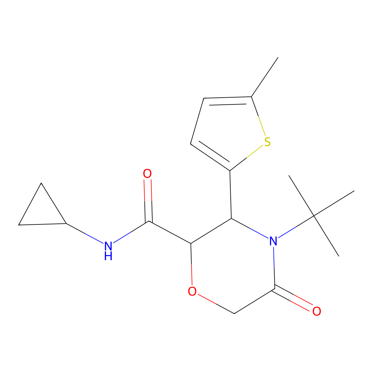 4-tert-butyl-N-cyclopropyl-3-(5-methylthiophen-2-yl)-5-oxomorpholine-2-carboxamide molecular structure, CAS 2309590-84-7