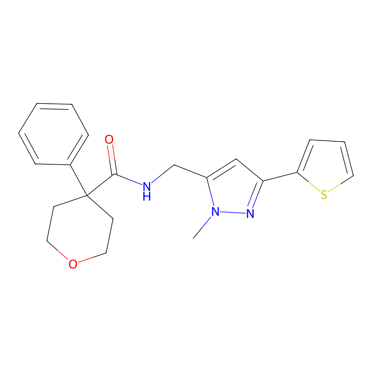 N-{[1-methyl-3-(thiophen-2-yl)-1H-pyrazol-5-yl]methyl}-4-phenyloxane-4-carboxamide molecular structure, CAS 2309591-40-8
