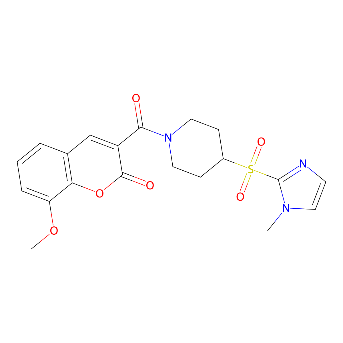 8-methoxy-3-{4-[(1-methyl-1H-imidazol-2-yl)sulfonyl]piperidine-1-carbonyl}-2H-chromen-2-one molecular structure, CAS 2309591-59-9
