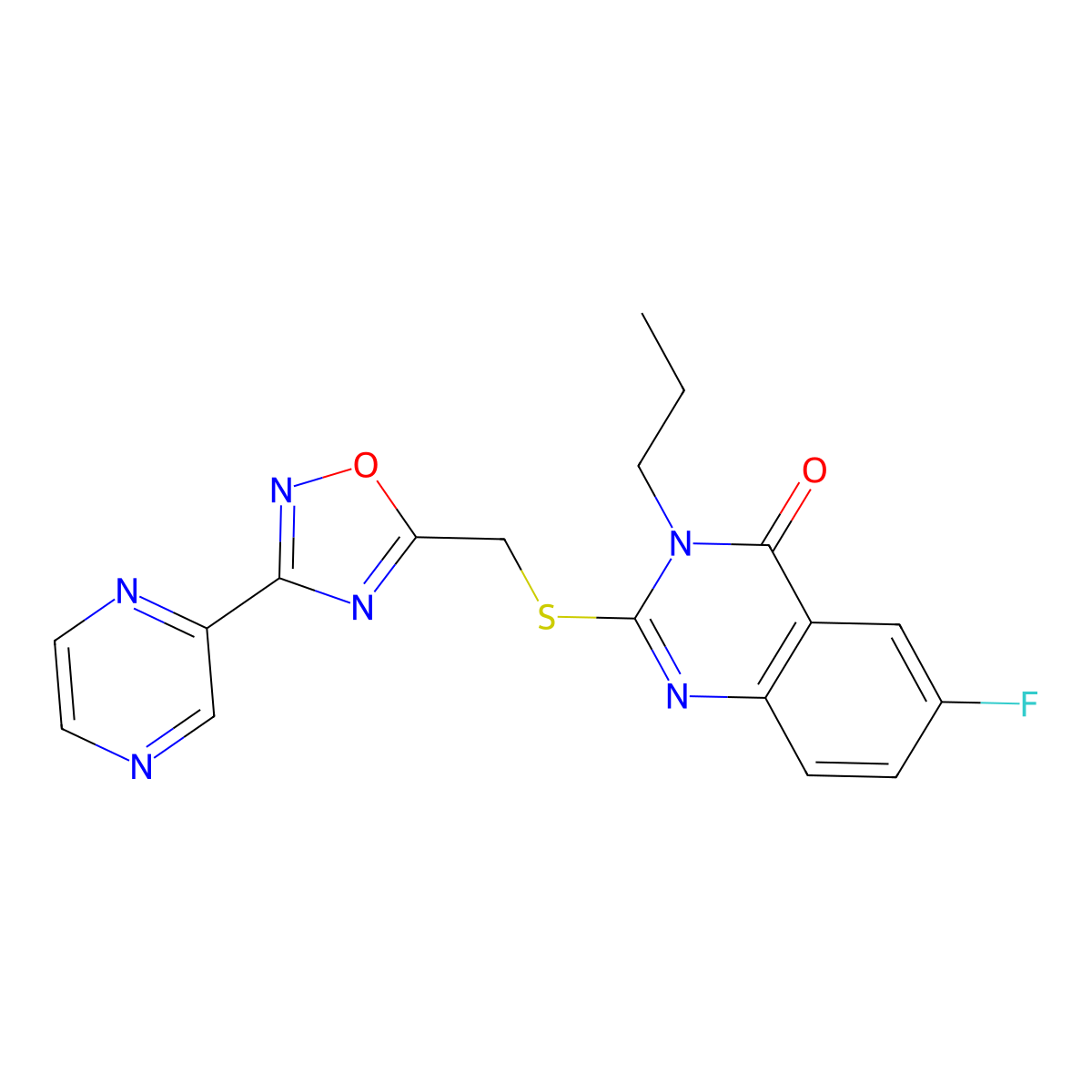 6-Fluoro-3-propyl-2-({[3-(pyrazin-2-yl)-1,2,4-oxadiazol-5-yl]methyl}sulfanyl)-3,4-dihydroquinazolin-4-one molecular structure, CAS 2309591-87-3