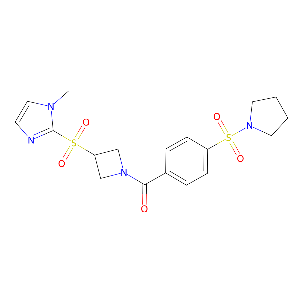 1-methyl-2-({1-[4-(pyrrolidine-1-sulfonyl)benzoyl]azetidin-3-yl}sulfonyl)-1H-imidazole molecular structure, CAS 2309597-58-6