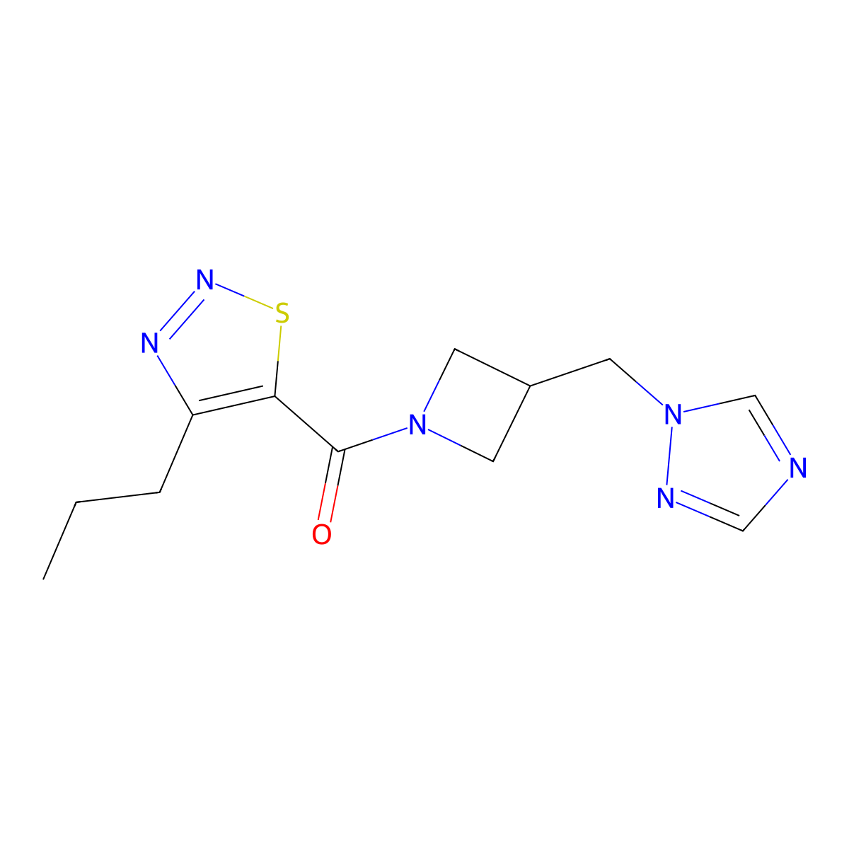 4-propyl-5-{3-[(1H-1,2,4-triazol-1-yl)methyl]azetidine-1-carbonyl}-1,2,3-thiadiazole molecular structure, CAS 2309597-72-4