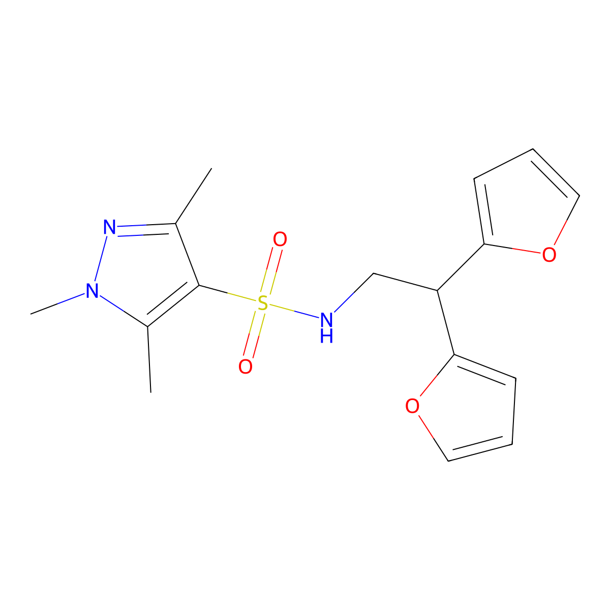 N-[2,2-bis(furan-2-yl)ethyl]-1,3,5-trimethyl-1H-pyrazole-4-sulfonamide molecular structure, CAS 2309597-78-0