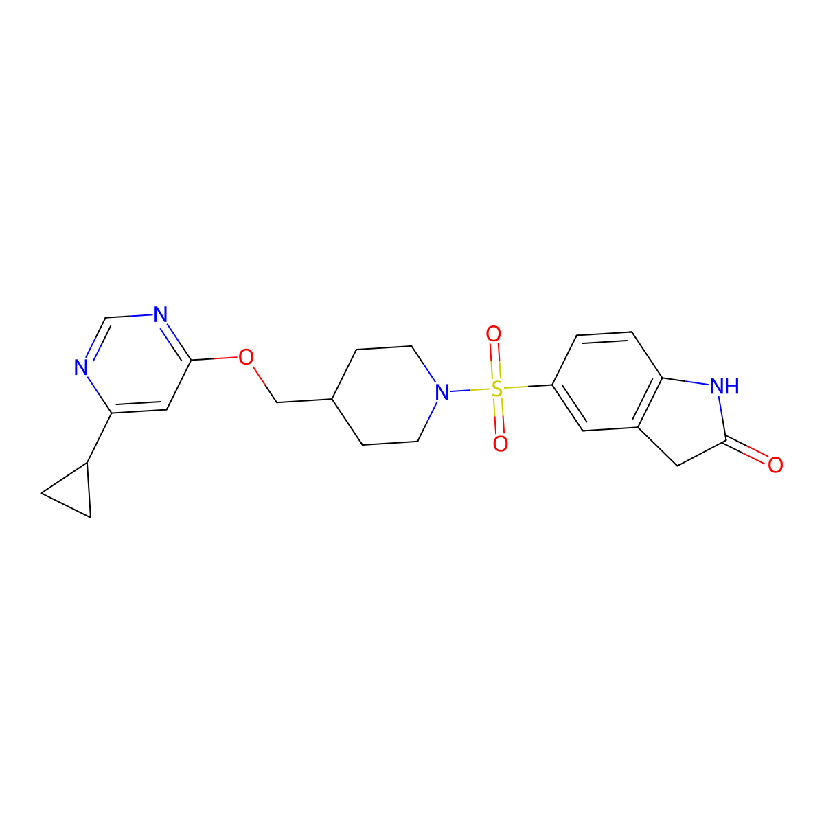 5-[(4-{[(6-cyclopropylpyrimidin-4-yl)oxy]methyl}piperidin-1-yl)sulfonyl]-2,3-dihydro-1H-indol-2-one molecular structure, CAS 2309597-81-5
