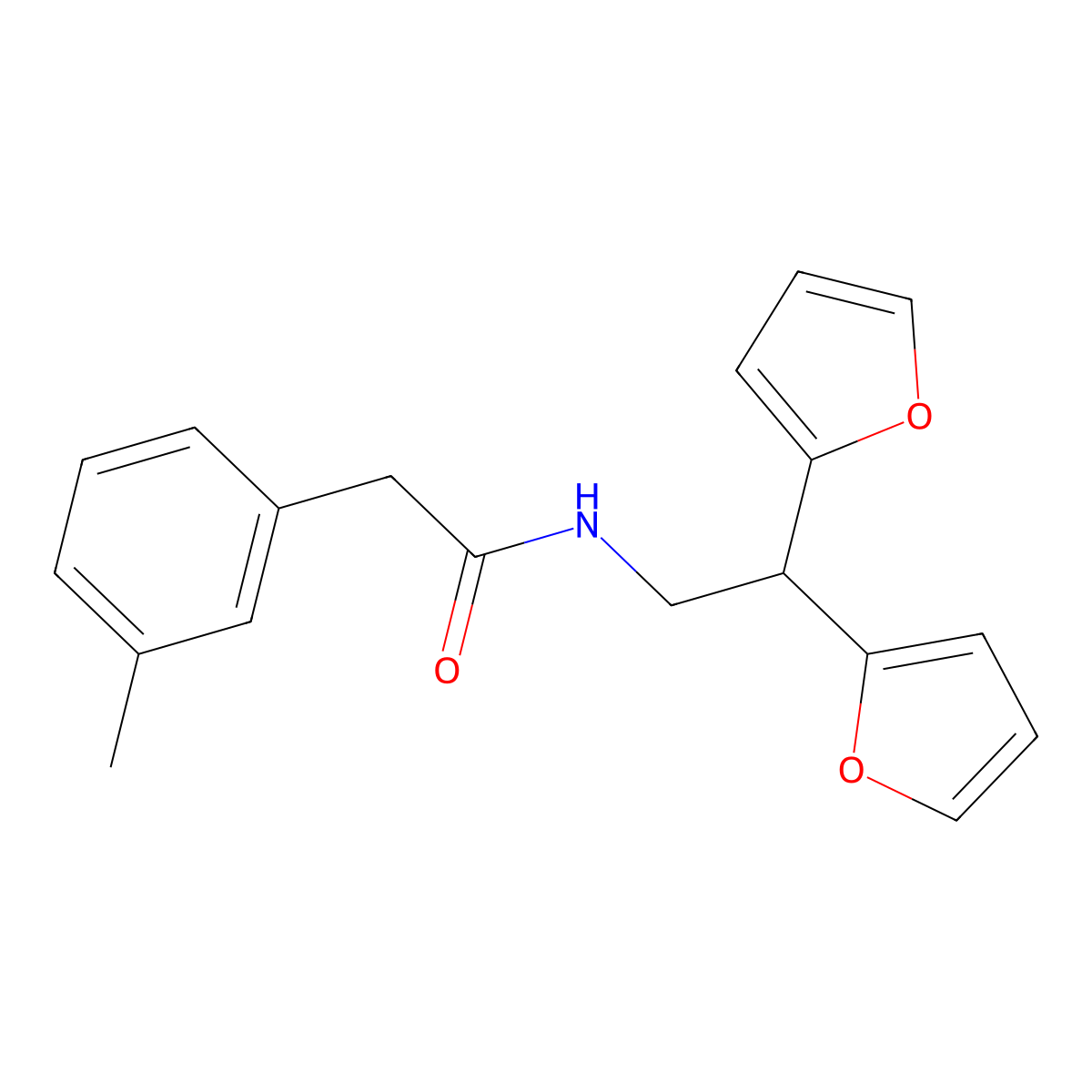 N-[2,2-bis(furan-2-yl)ethyl]-2-(3-methylphenyl)acetamide molecular structure, CAS 2309598-07-8