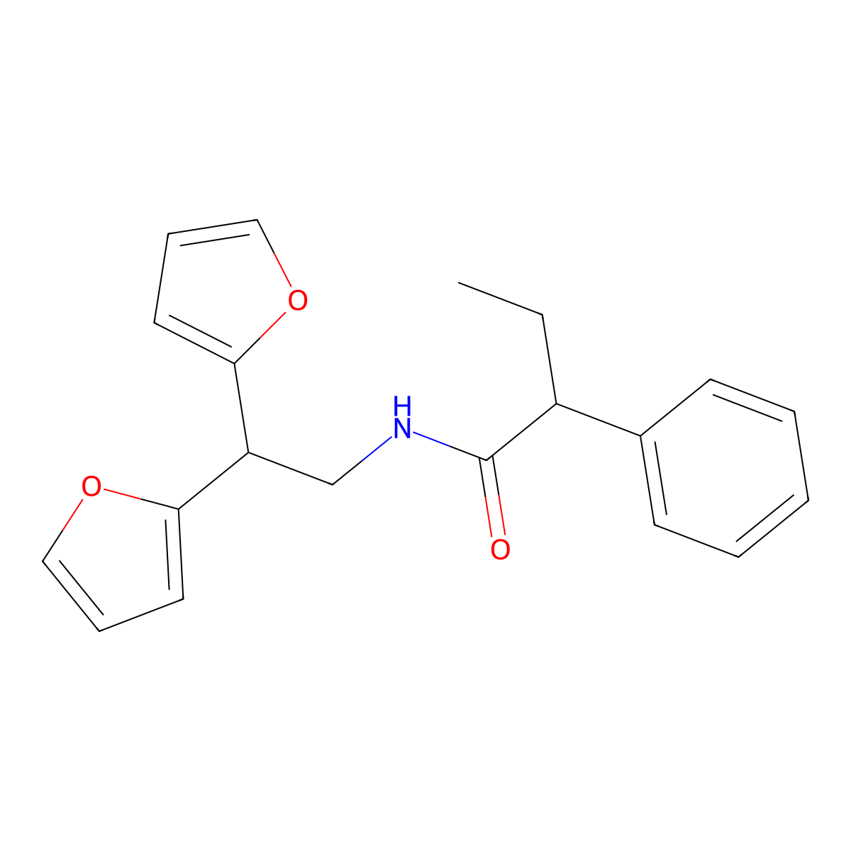 N-[2,2-bis(furan-2-yl)ethyl]-2-phenylbutanamide molecular structure, CAS 2309598-38-5