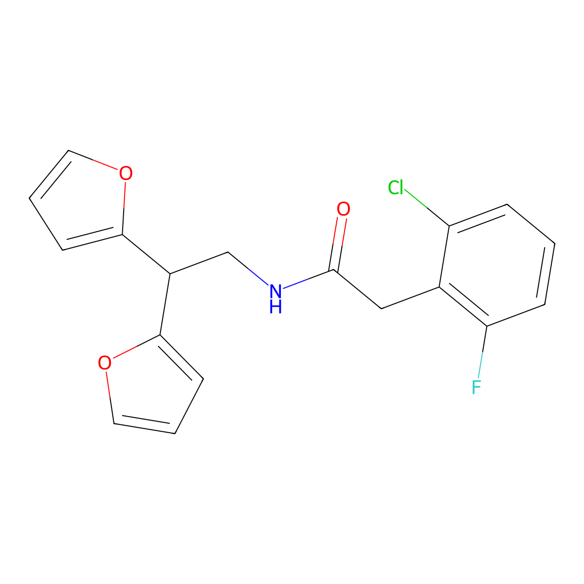 N-[2,2-bis(furan-2-yl)ethyl]-2-(2-chloro-6-fluorophenyl)acetamide molecular structure, CAS 2309598-64-7
