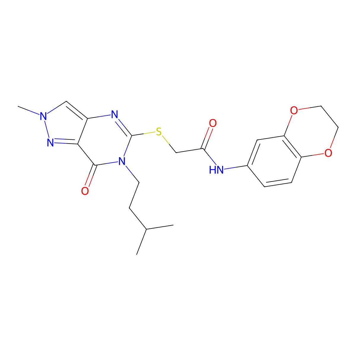 N-(2,3-dihydro-1,4-benzodioxin-6-yl)-2-{[2-methyl-6-(3-methylbutyl)-7-oxo-2H,6H,7H-pyrazolo[4,3-d]pyrimidin-5-yl]sulfanyl}acetamide molecular structure, CAS 2309599-71-9