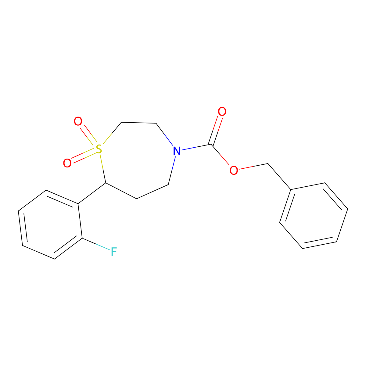 Benzyl 7-(2-fluorophenyl)-1,4-thiazepane-4-carboxylate 1,1-dioxide molecular structure, CAS 2309600-09-5