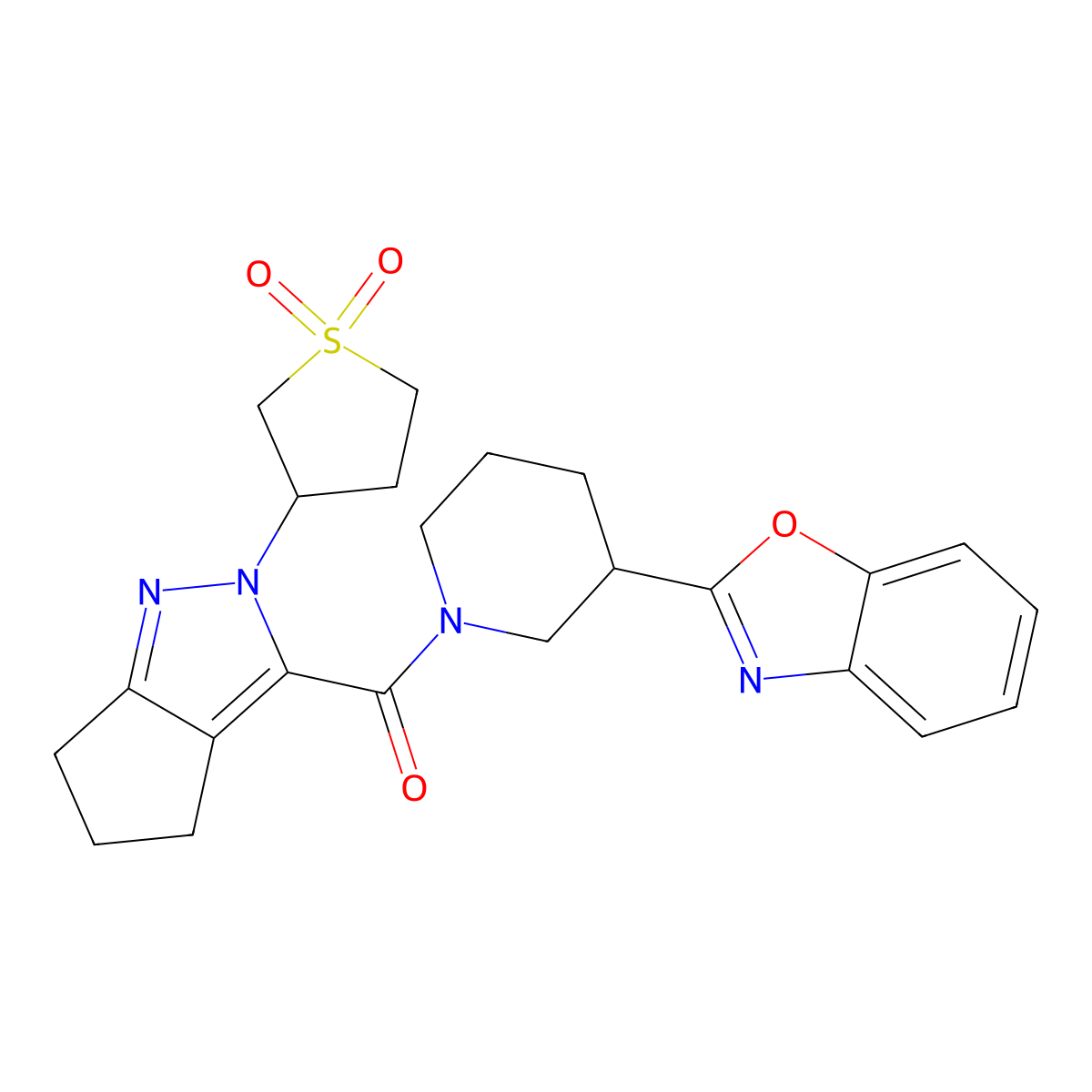(3-(Benzo[d]oxazol-2-yl)piperidin-1-yl)(2-(1,1-dioxidotetrahydrothiophen-3-yl)-2,4,5,6-tetrahydrocyclopenta[c]pyrazol-3-yl)methanone molecular structure, CAS 2309600-23-3