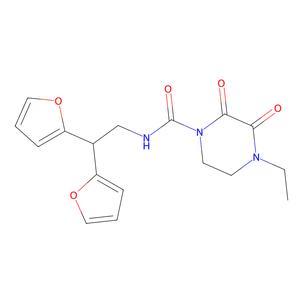 N-[2,2-bis(furan-2-yl)ethyl]-4-ethyl-2,3-dioxopiperazine-1-carboxamide molecular structure, CAS 2309600-63-1
