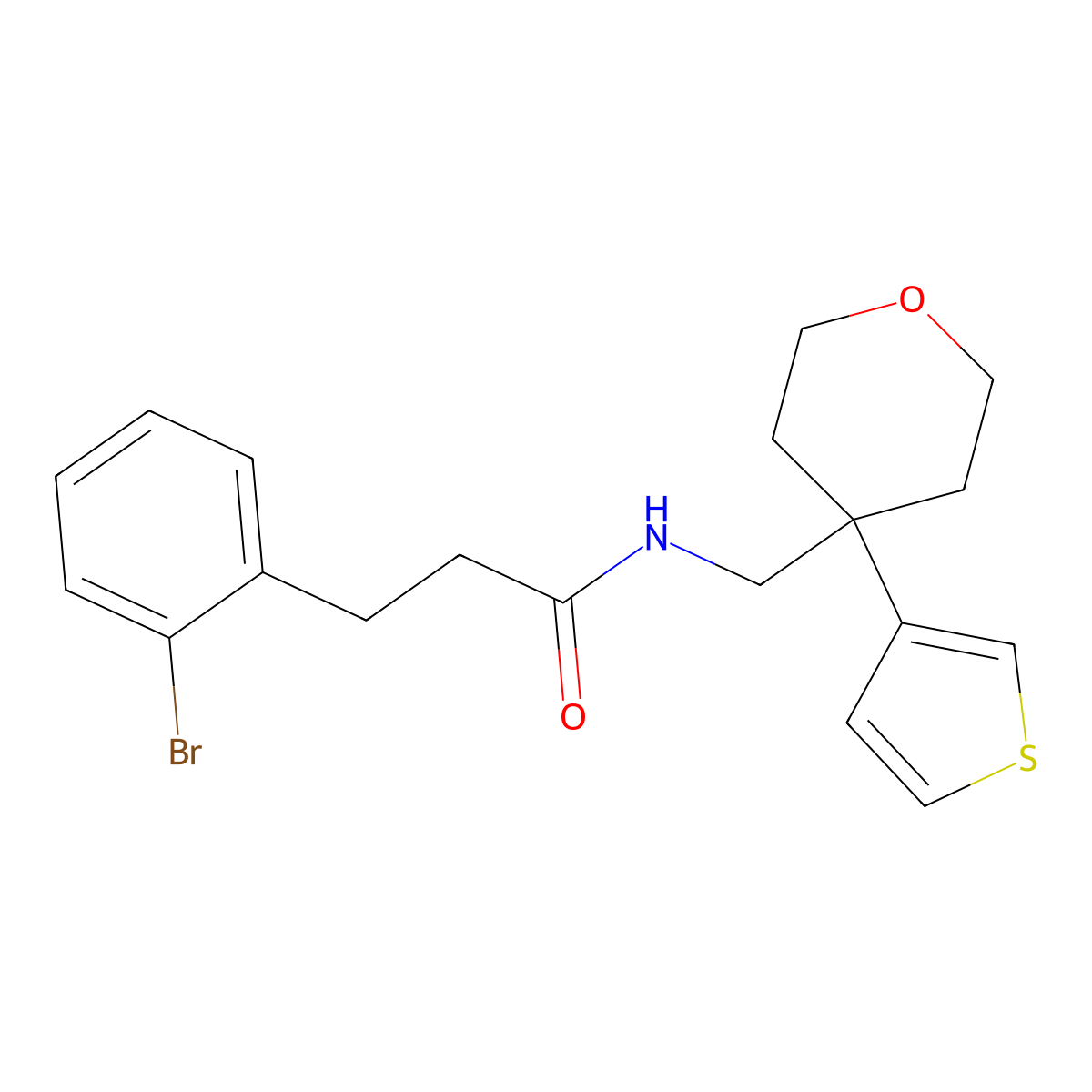 3-(2-bromophenyl)-N-((4-(thiophen-3-yl)tetrahydro-2H-pyran-4-yl)methyl)propanamide molecular structure, CAS 2309601-43-0