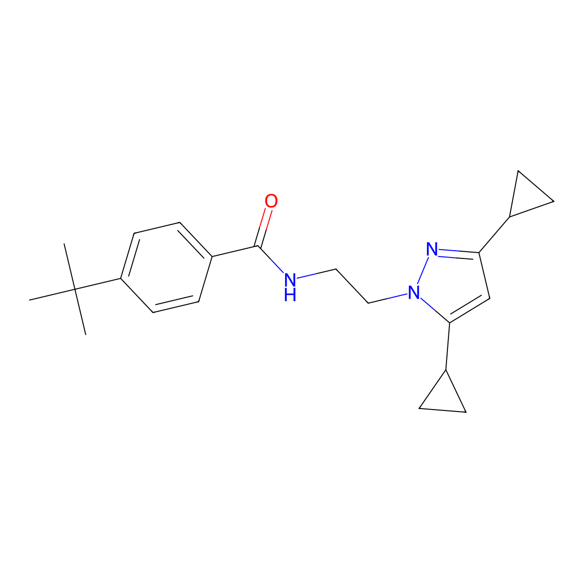 4-(tert-butyl)-N-(2-(3,5-dicyclopropyl-1H-pyrazol-1-yl)ethyl)benzamide molecular structure, CAS 2309601-50-9