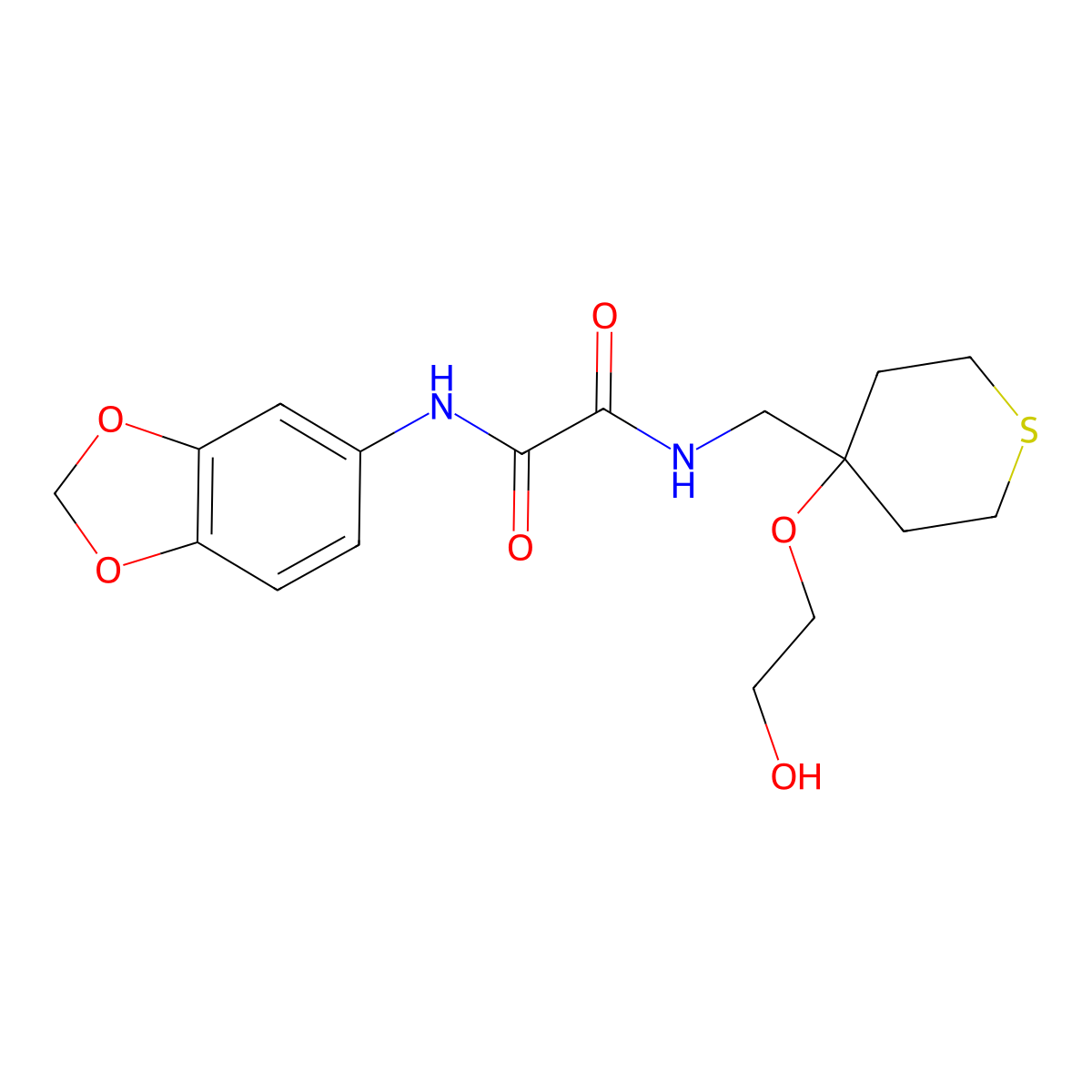 N1-(benzo[d][1,3]dioxol-5-yl)-N2-((4-(2-hydroxyethoxy)tetrahydro-2H-thiopyran-4-yl)methyl)oxalamide molecular structure, CAS 2309601-64-5