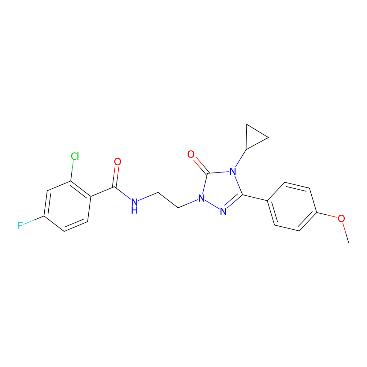 2-chloro-N-{2-[4-cyclopropyl-3-(4-methoxyphenyl)-5-oxo-4,5-dihydro-1H-1,2,4-triazol-1-yl]ethyl}-4-fluorobenzamide molecular structure, CAS 2309602-90-0
