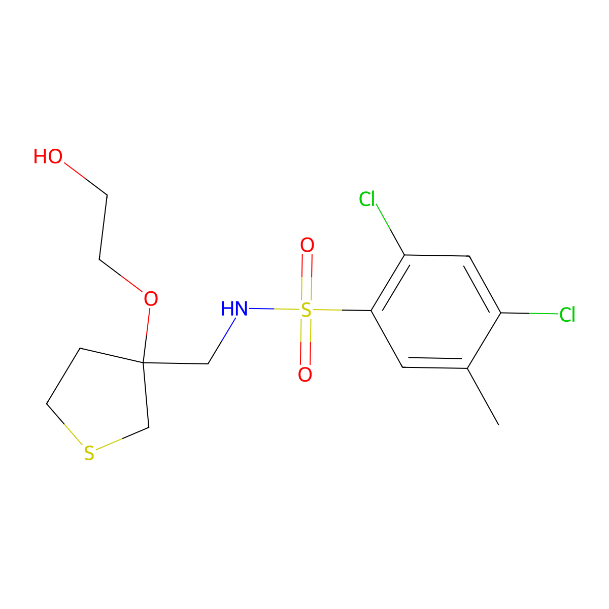 2,4-dichloro-N-((3-(2-hydroxyethoxy)tetrahydrothiophen-3-yl)methyl)-5-methylbenzenesulfonamide molecular structure, CAS 2309603-60-7
