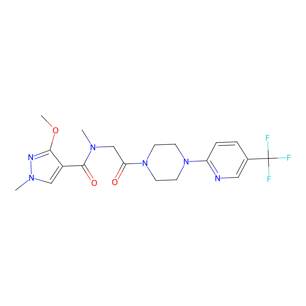 3-methoxy-N,1-dimethyl-N-(2-oxo-2-{4-[5-(trifluoromethyl)pyridin-2-yl]piperazin-1-yl}ethyl)-1H-pyrazole-4-carboxamide molecular structure, CAS 2309603-94-7