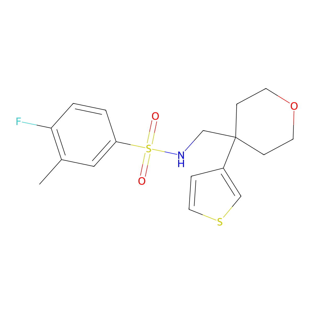 4-fluoro-3-methyl-N-{[4-(thiophen-3-yl)oxan-4-yl]methyl}benzene-1-sulfonamide molecular structure, CAS 2309604-15-5