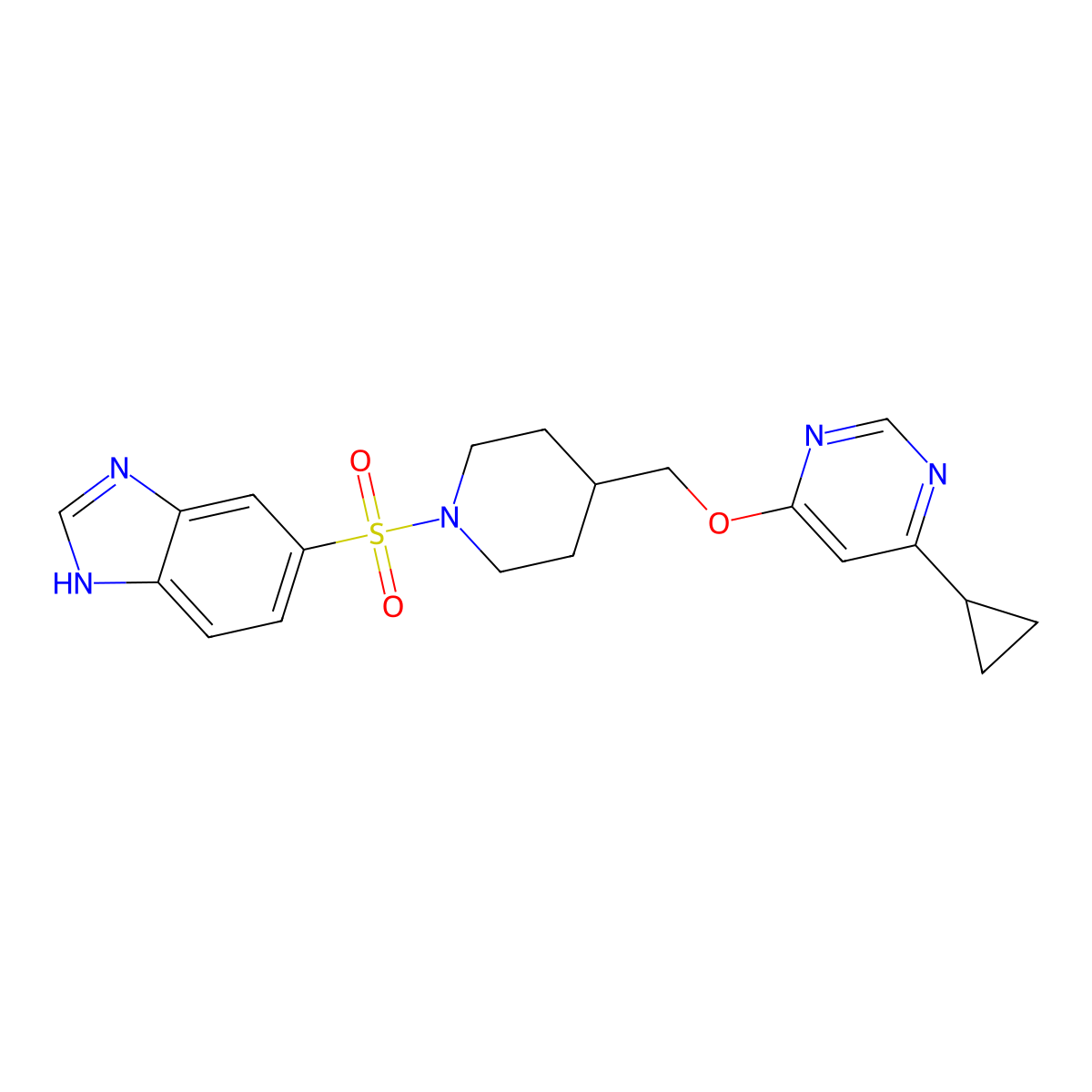 5-((4-(((6-cyclopropylpyrimidin-4-yl)oxy)methyl)piperidin-1-yl)sulfonyl)-1H-benzo[d]imidazole molecular structure, CAS 2309604-52-0